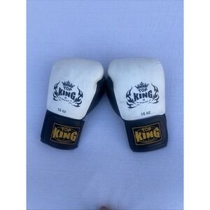Top King Boxing Muay Thai White/Black/Blue Leather 16 OZ Gloves